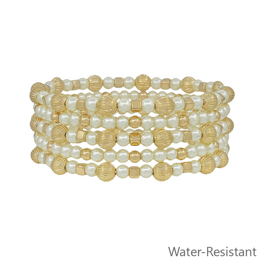 Water Resistant Pearl and Gold Beaded with Cross Set of 5 Stretch Bracelets