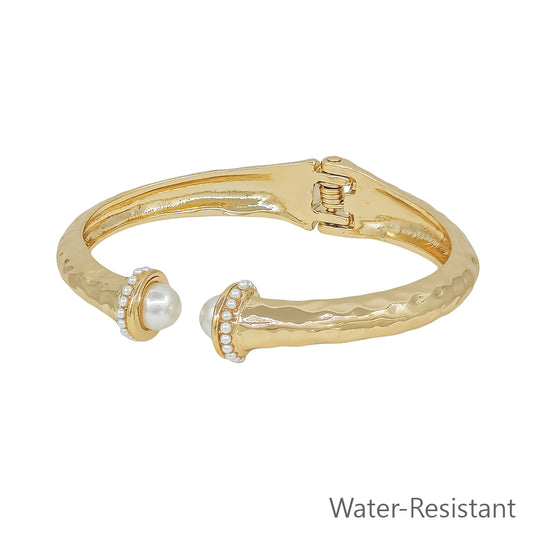 Water Resistant Matte Gold with Pearl Accents Hinged Bracelet