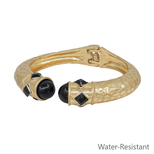 Water Resistant Matte Gold with Black Crystal Accents Hinged Bracelet