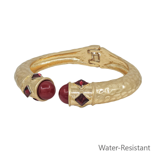 Water Resistant Matte Gold with Maroon Crystal Accents Hinged Bracelet