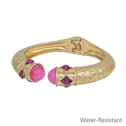 Water Resistant Matte Gold with Pink Crystal Accents Hinged Bracelet