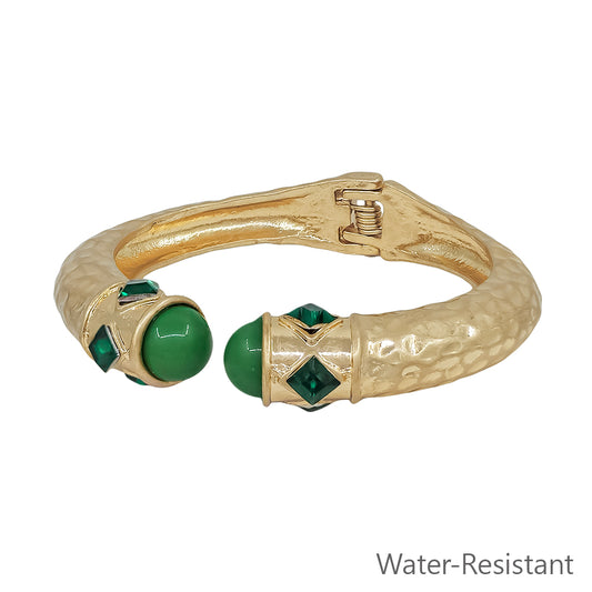 Water Resistant Matte Gold with Green Crystal Accents Hinged Bracelet