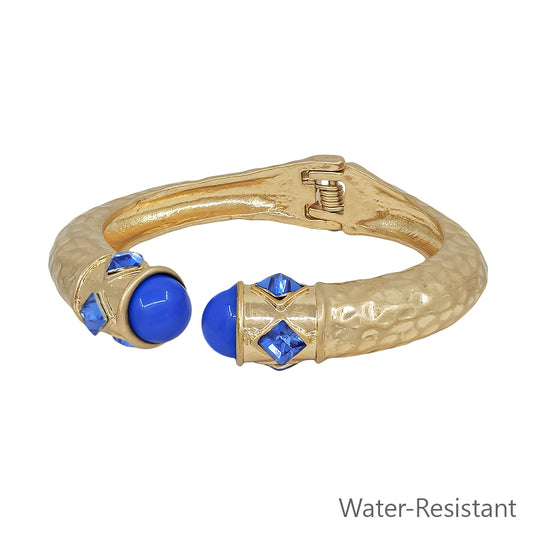 Water Resistant Matte Gold with Blue Crystal Accents Hinged Bracelet