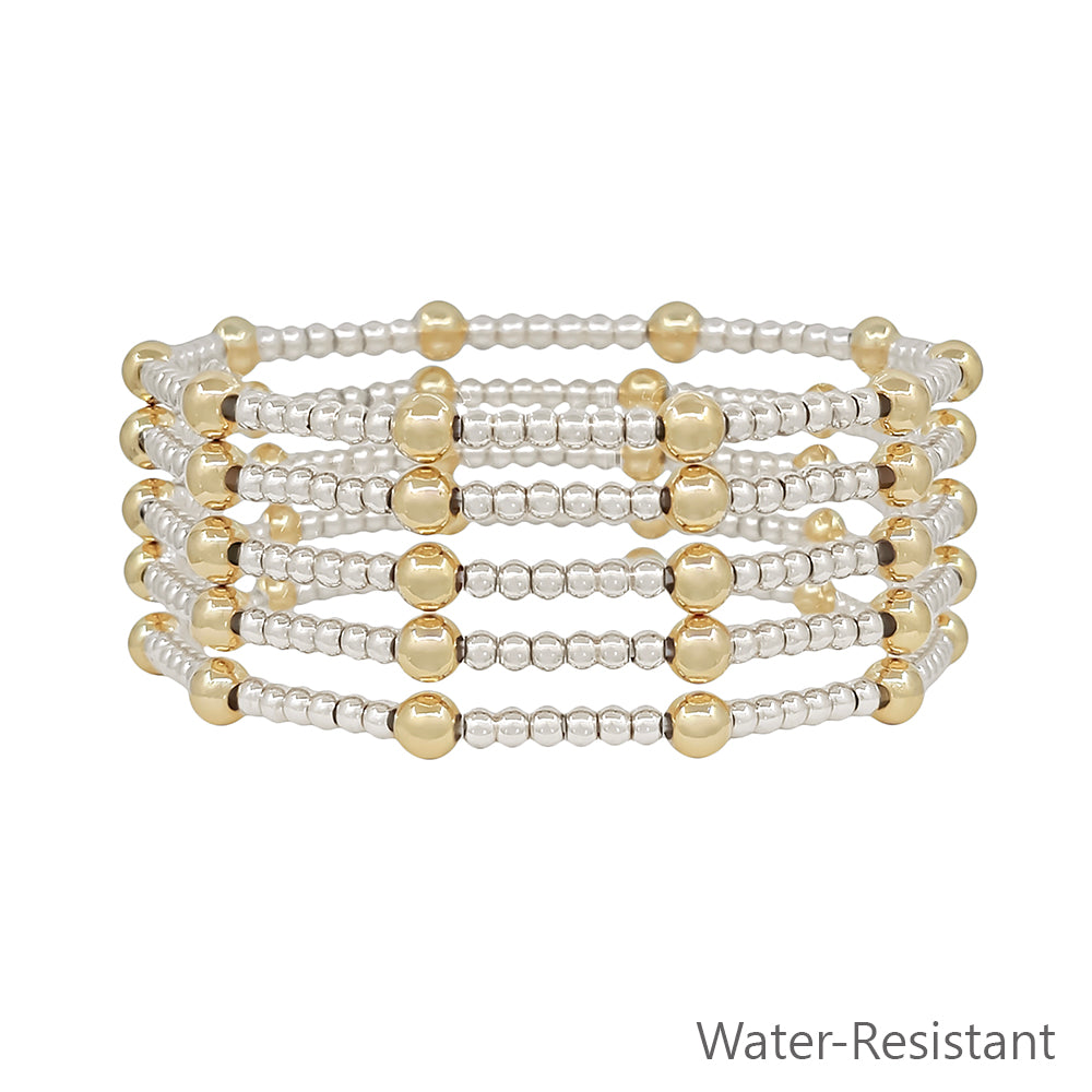 Water Resistant Set of 5 5MM & 3MM Gold and Silver Beaded Stretch Bracelet Set