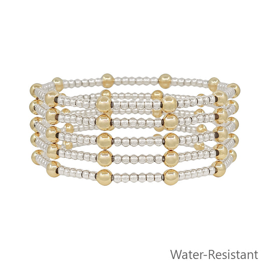 Water Resistant Set of 5 5MM & 3MM Gold and Silver Beaded Stretch Bracelet Set