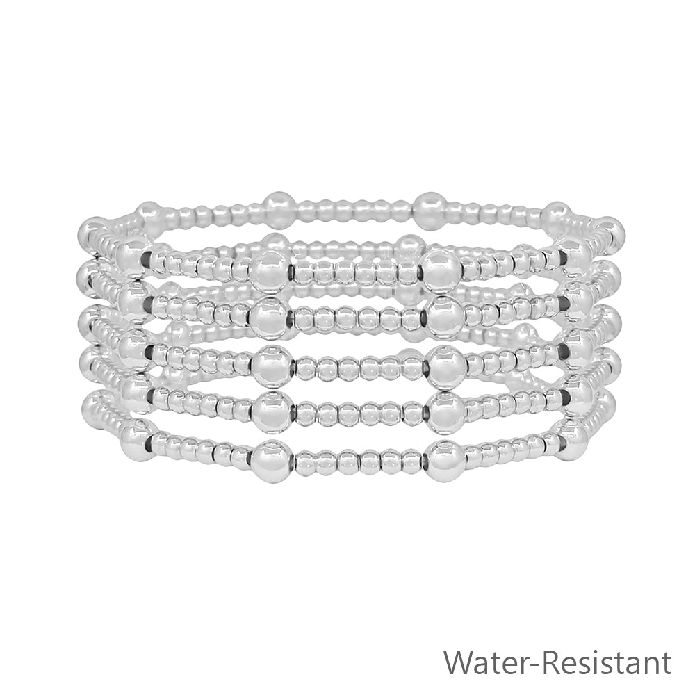 Water Resistant Set of 5 5MM & 3MM Silver Beaded Stretch Bracelet Set