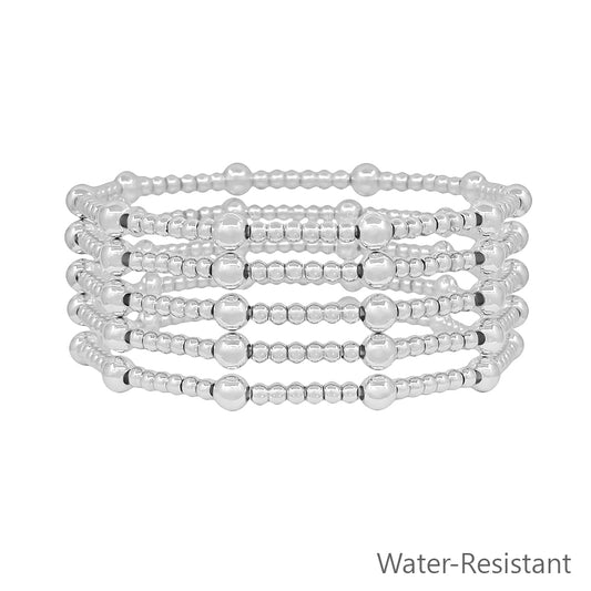 Water Resistant Set of 5 5MM & 3MM Silver Beaded Stretch Bracelet Set