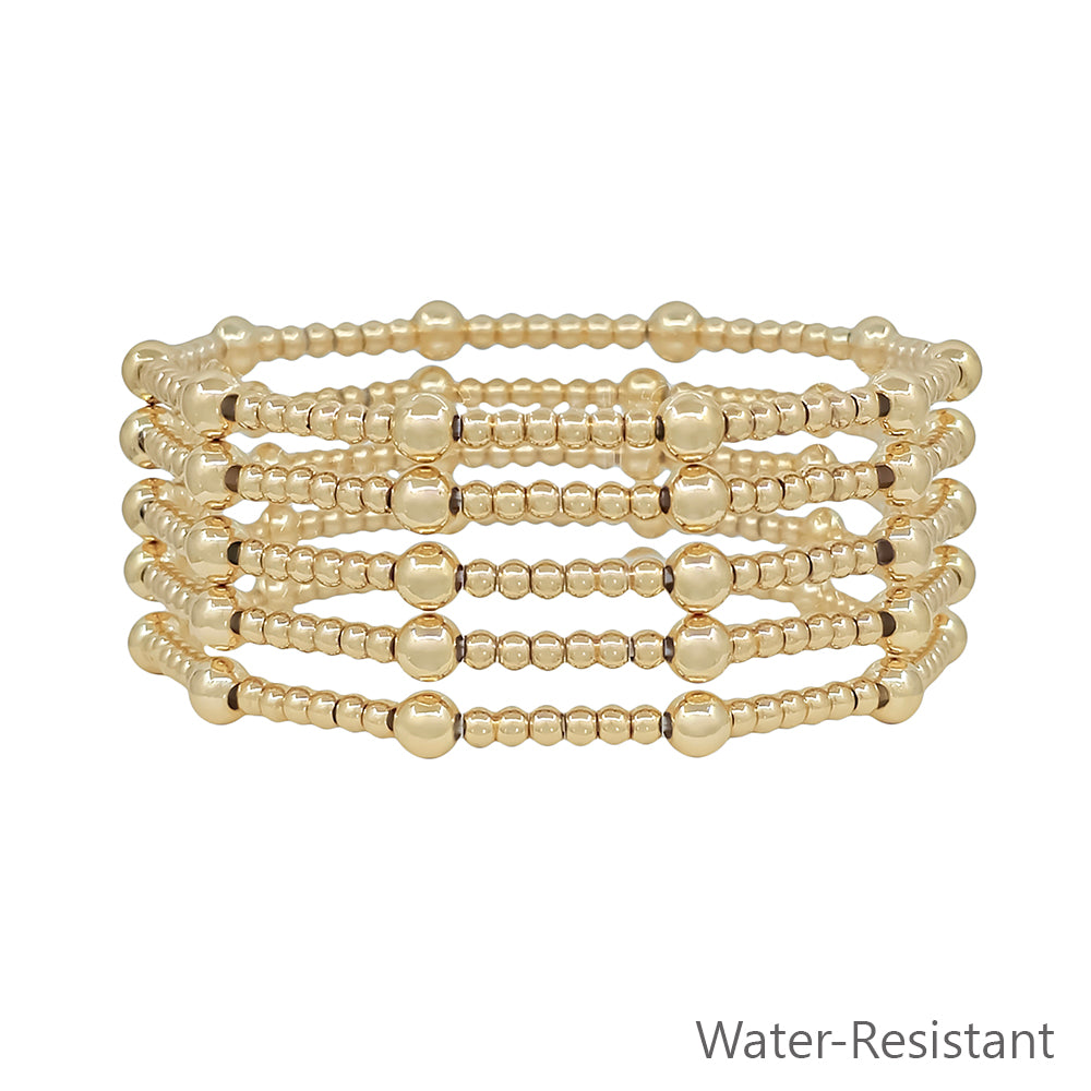 Water Resistant Set of 5 5MM & 3MM Gold Beaded Stretch Bracelet Set