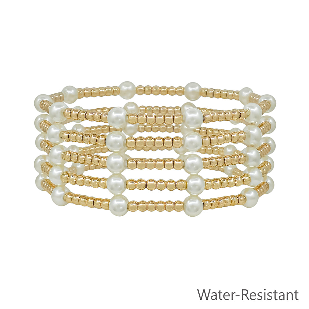 Water Resistant Set of 5 5MM & 3MM Pearl Beaded Stretch Bracelet Set