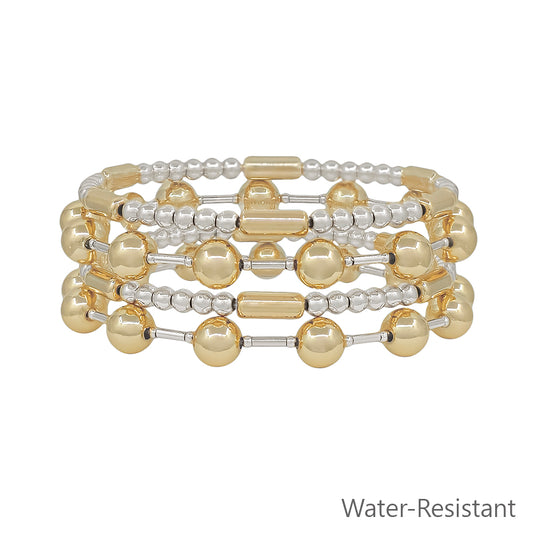 Water Resistant Set of 4 8MM Gold and Silver Beaded and Bar Stretch Bracelets