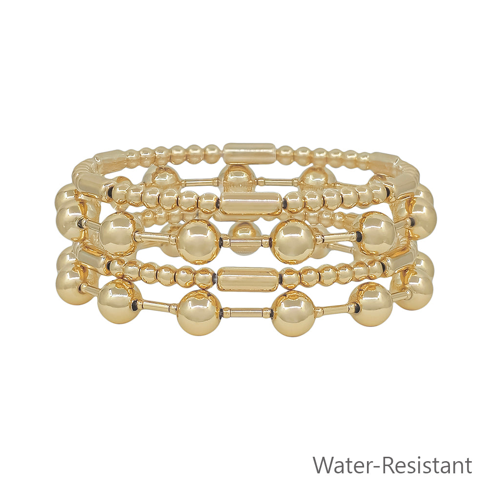 Water Resistant Set of 4 8MM Gold Beaded and Bar Stretch Bracelets