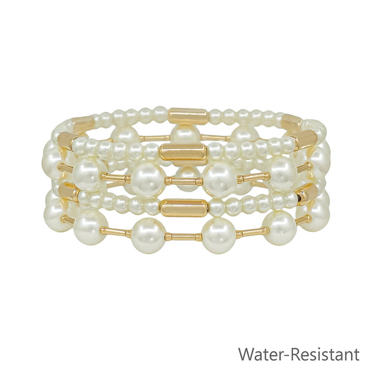 Water Resistant Set of 4 8MM Pearl Beaded and Bar Stretch Bracelets