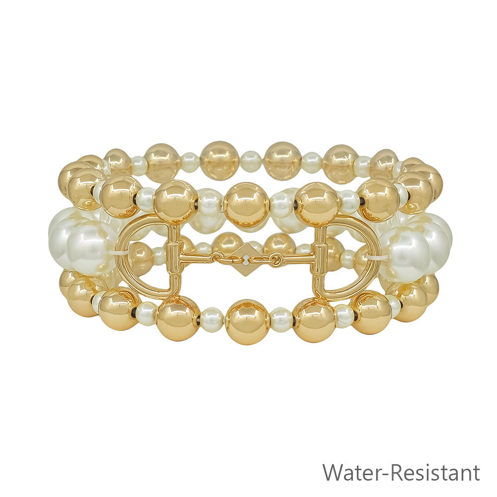 Water Resistant Gold and Pearl with Horse Bit Stretch Bracelets