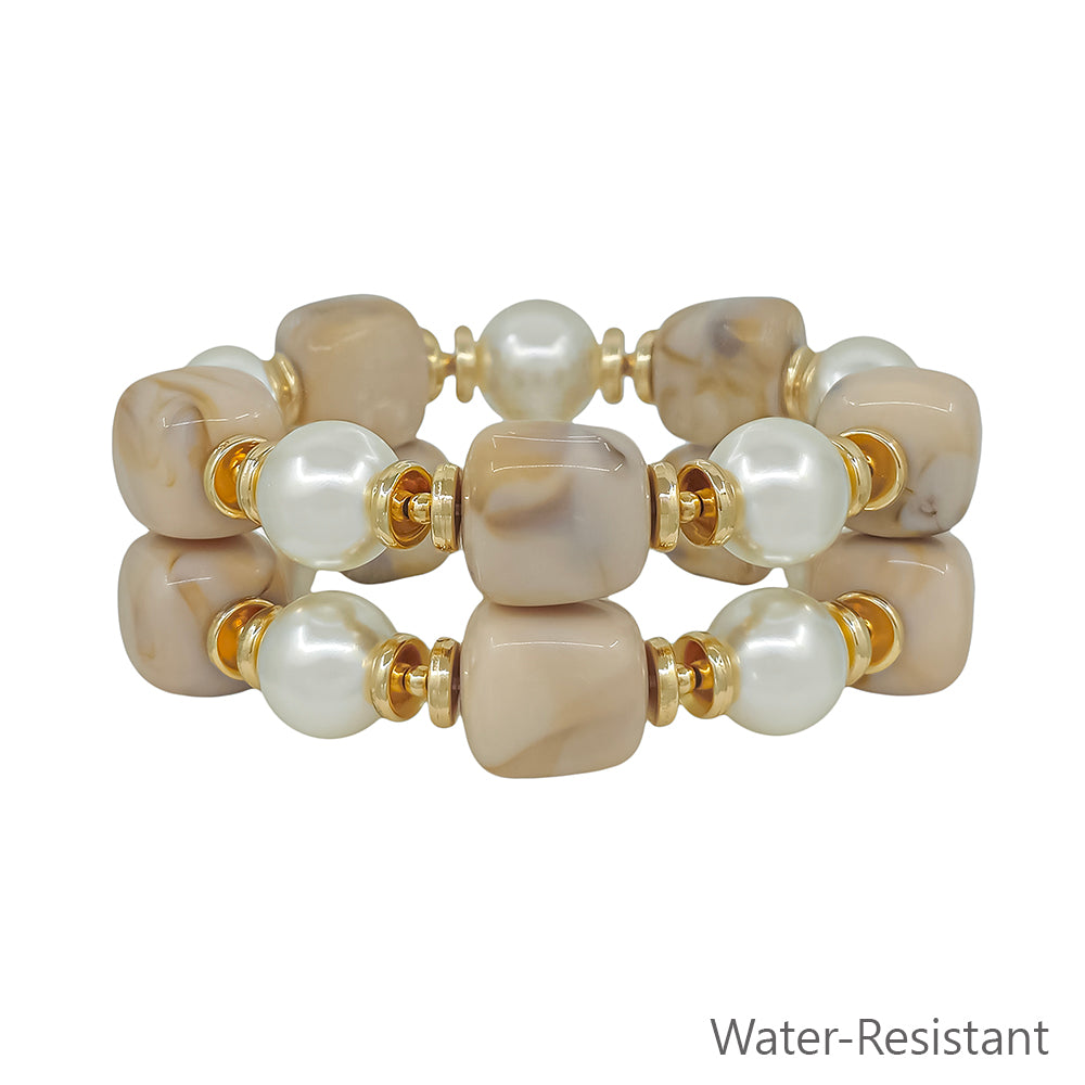 Water Resistant Acrylic Natural and Pearl Set of 2 Stretch Bracelet