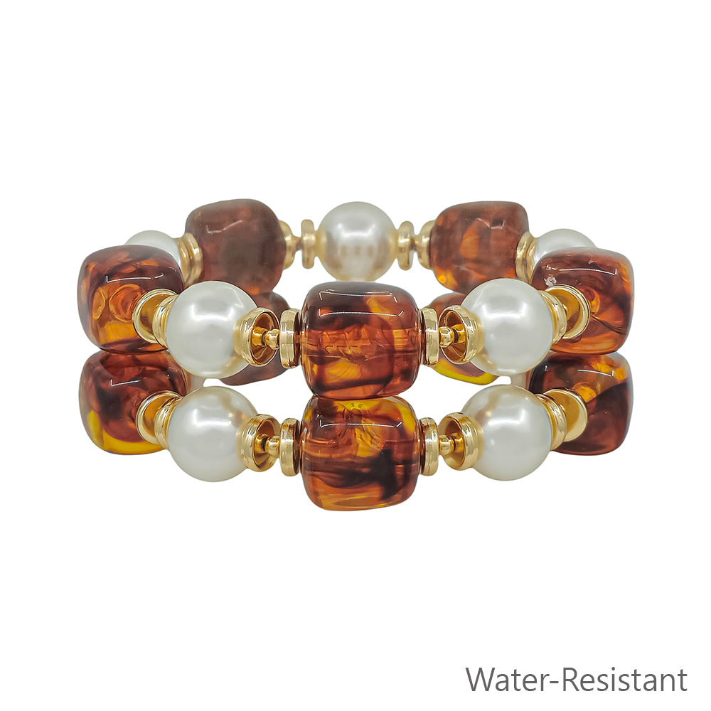 Water Resistant Acrylic Brown and Pearl Set of 2 Stretch Bracelet