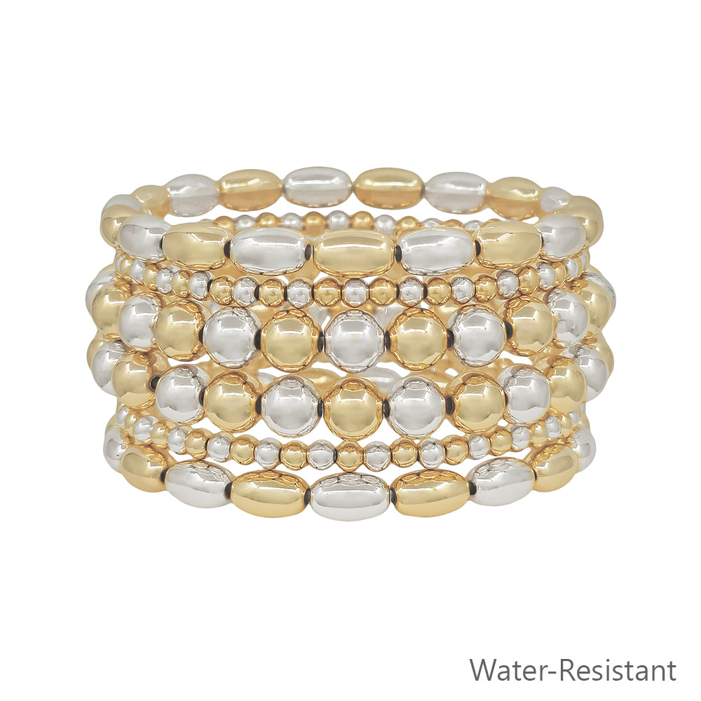 Water Resistant Set of 6 Gold and Silver Oval Beaded 4 and 8mm Stretch Bracelet