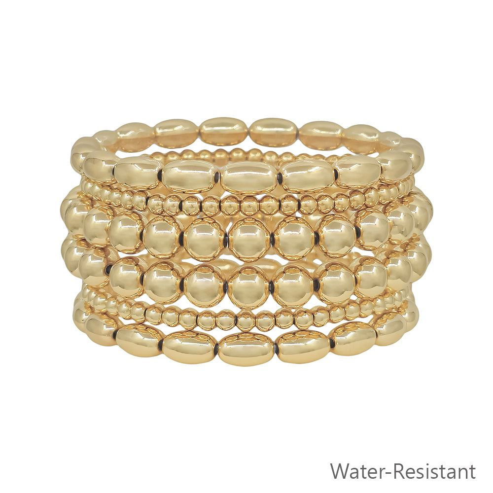 Water Resistant Set of 6 Gold Oval Beaded 4 and 8mm Stretch Bracelet