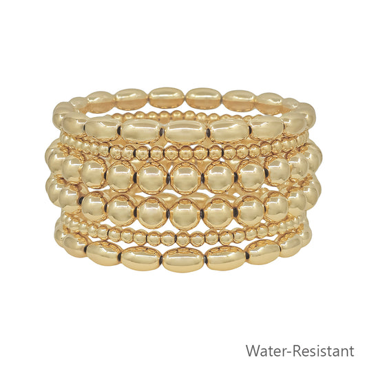 Water Resistant Set of 6 Gold Oval Beaded 4 and 8mm Stretch Bracelet