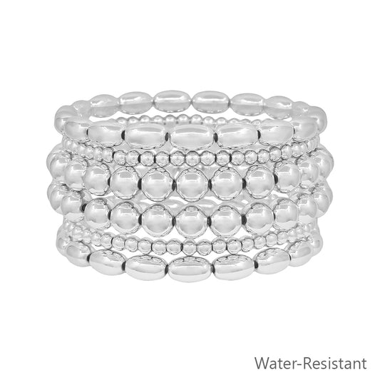 Water Resistant Set of 6 Silver Oval Beaded 4 and 8mm Stretch Bracelet