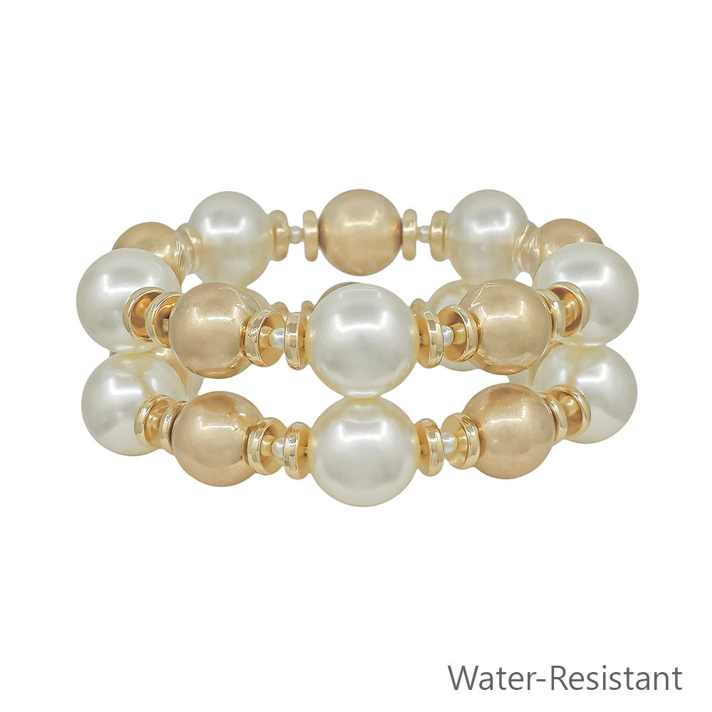 Water Resistant Matte Gold and Pearl Beaded Set of 2 Bracelets