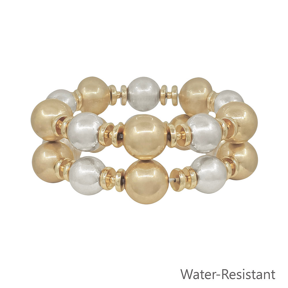 Water Resistant Matte Gold and Silver Beaded Set of 2 Bracelets