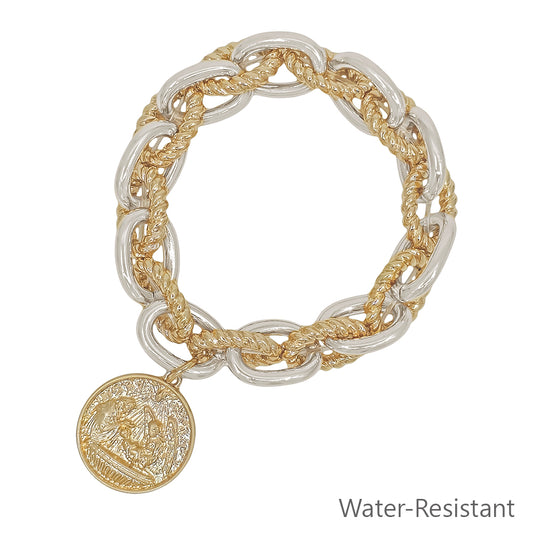 Water Resistant Textured Silver Metal Link Coin Stretch Bracelet
