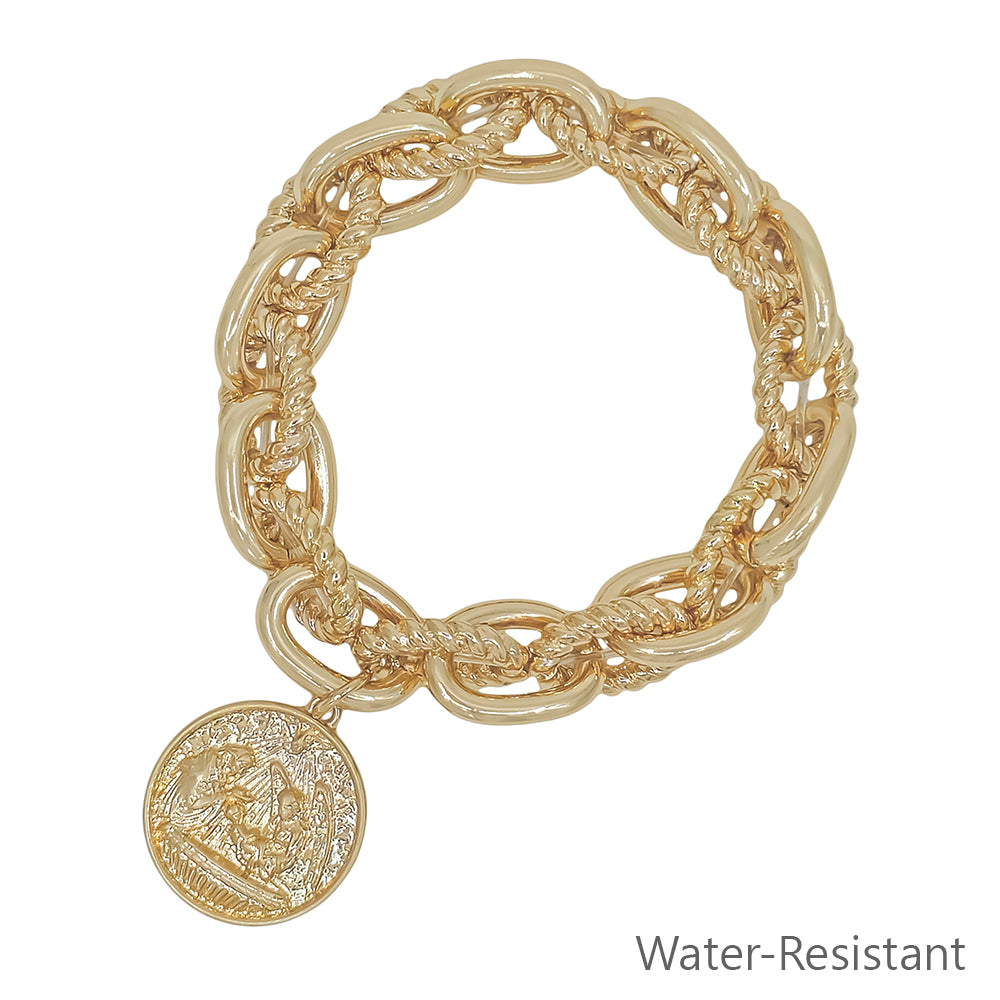 Water Resistant Textured Gold Metal Link Coin Stretch Bracelet