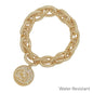 Water Resistant Textured Gold Metal Link Coin Stretch Bracelet