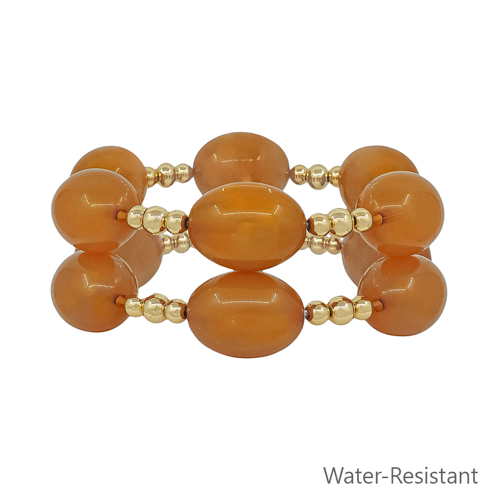 Water Resistant Acrylic Brown Oval and Gold Beaded Set of 2 Stretch Bracelet