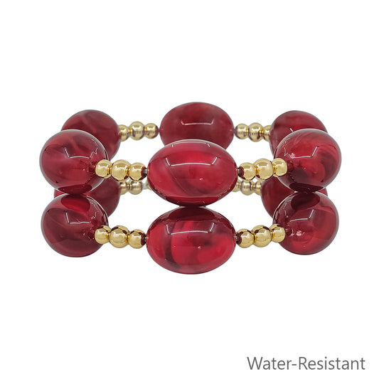 Water Resistant Acrylic Maroon Oval and Gold Beaded Set of 2 Stretch Bracelet