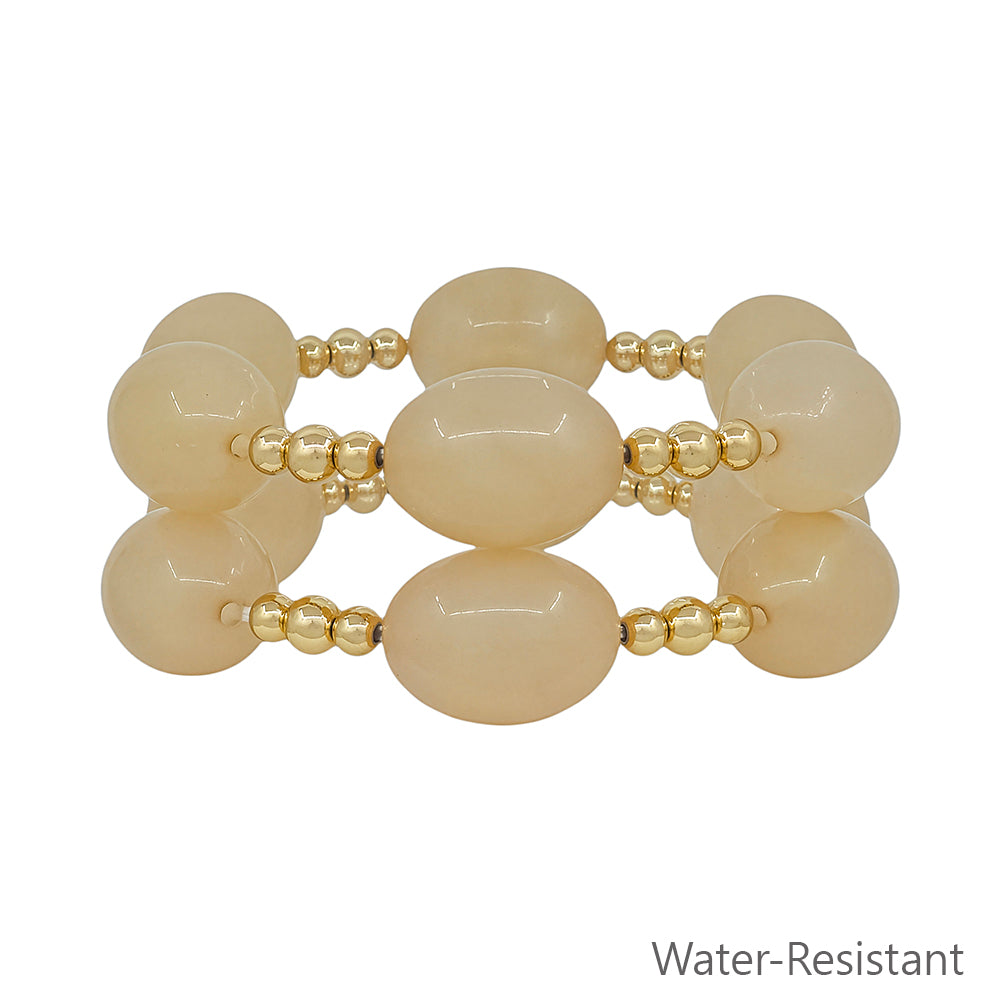Water Resistant Acrylic Natural Oval and Gold Beaded Set of 2 Stretch Bracelet