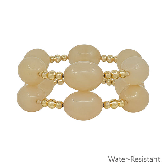 Water Resistant Acrylic Natural Oval and Gold Beaded Set of 2 Stretch Bracelet