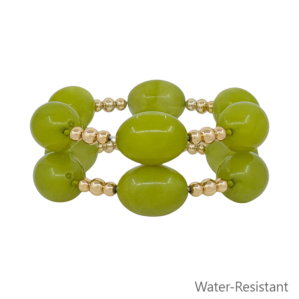 Water Resistant Acrylic Olive Green Oval and Gold Beaded Set of 2 Stretch Bracelet