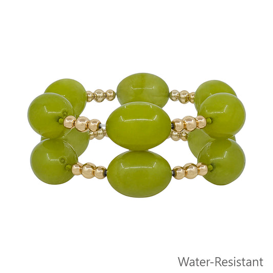 Water Resistant Acrylic Olive Green Oval and Gold Beaded Set of 2 Stretch Bracelet