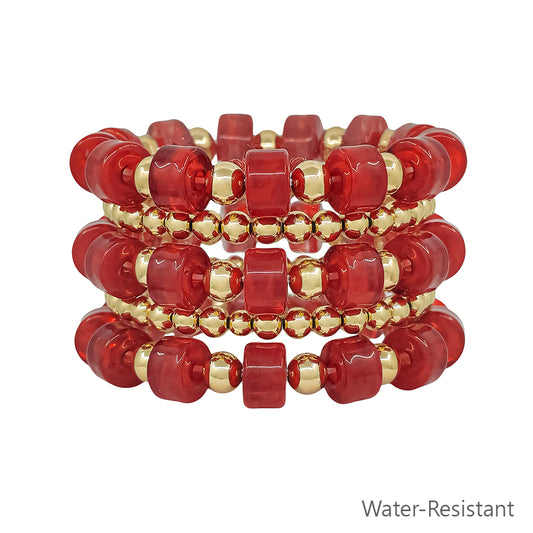 Water Resistant Maroon and Gold Oval Chunky Beaded Set of 5 Stretch Bracelet