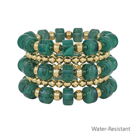 Water Resistant Dark Green and Gold Oval Chunky Beaded Set of 5 Stretch Bracelet