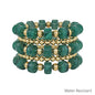Water Resistant Dark Green and Gold Oval Chunky Beaded Set of 5 Stretch Bracelet