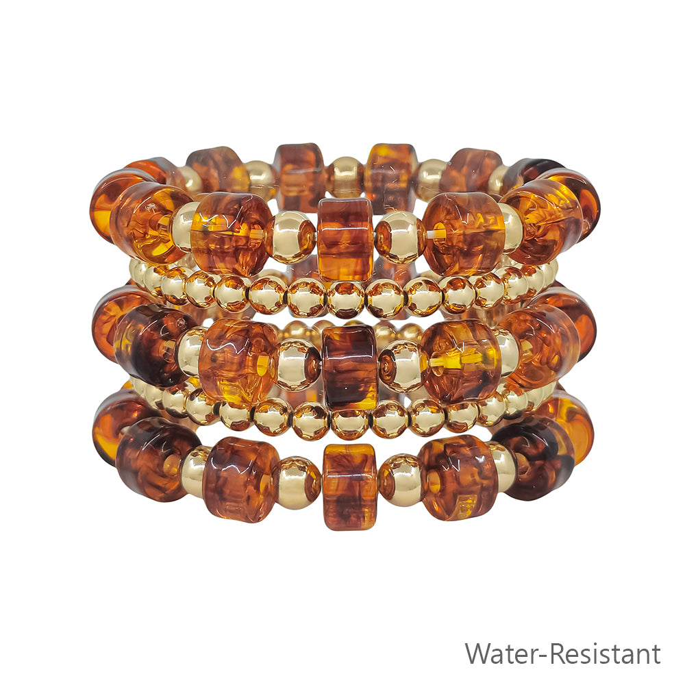 Water Resistant Brown and Gold Oval Chunky Beaded Set of 5 Stretch Bracelet