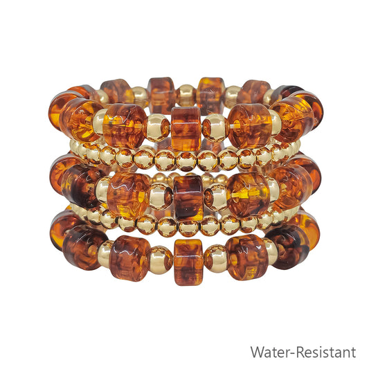 Water Resistant Brown and Gold Oval Chunky Beaded Set of 5 Stretch Bracelet