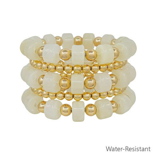 Water Resistant White and Gold Oval Chunky Beaded Set of 5 Stretch Bracelet