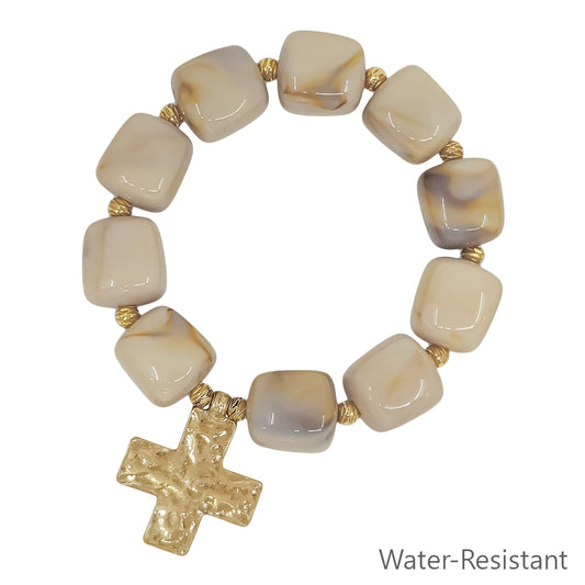 Water Resistant 16MM Natural Resin Beaded 1.2" Cross Stretch Bracelets