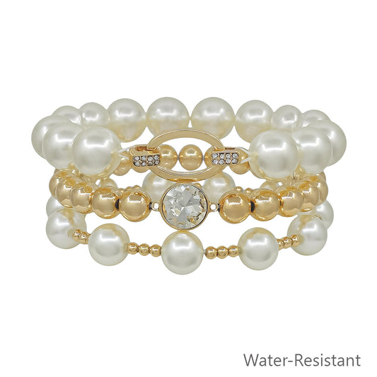 Water Resistant Set of 3 Oval Pave and 12MM Pearl Stretch Bracelets