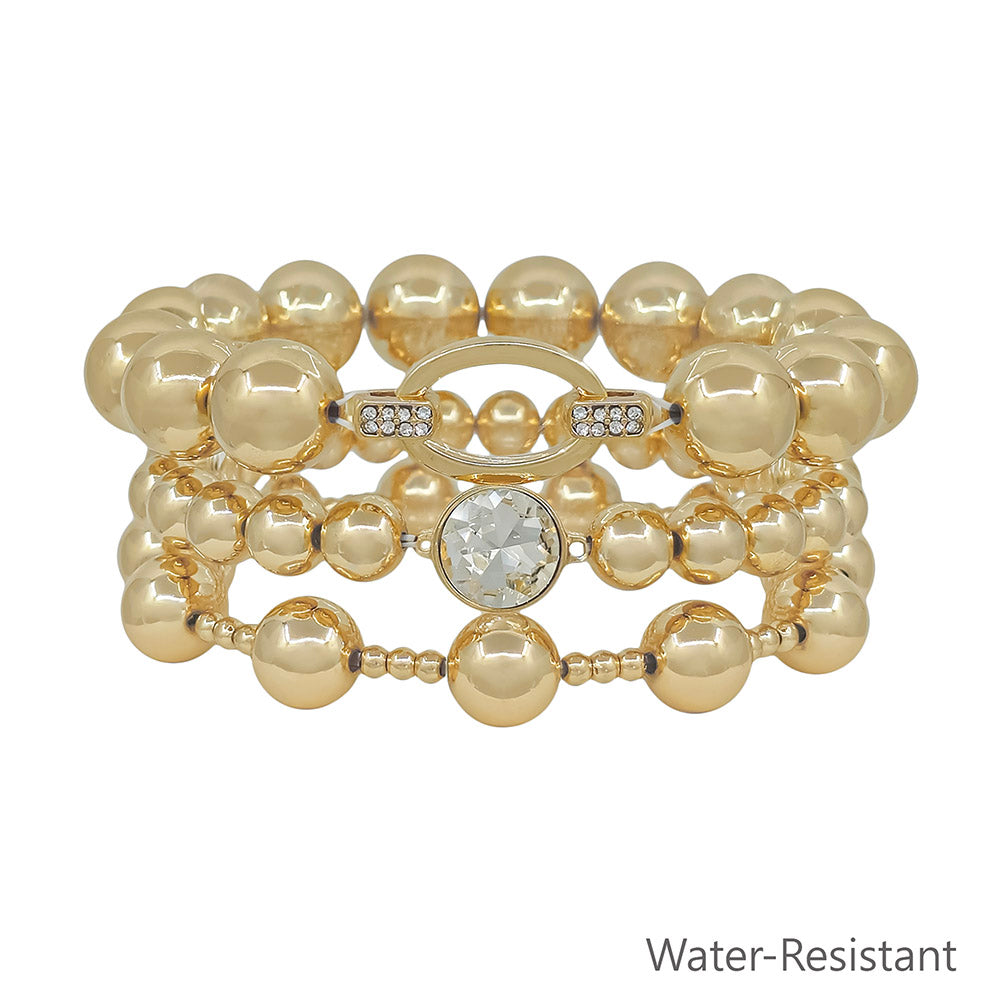 Water Resistant Set of 3 Oval Gold Beaded Stretch Bracelets
