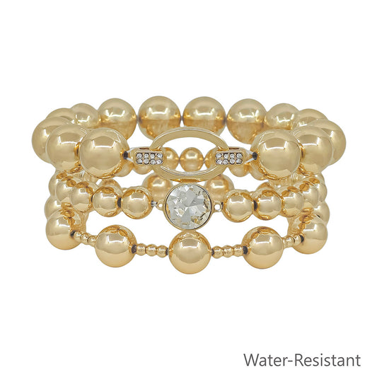 Water Resistant Set of 3 Oval Gold Beaded Stretch Bracelets