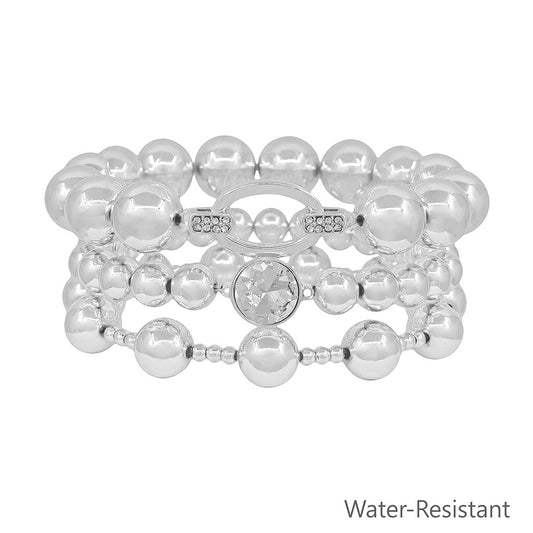 Water Resistant Set of 3 Oval Silver Beaded Stretch Bracelets