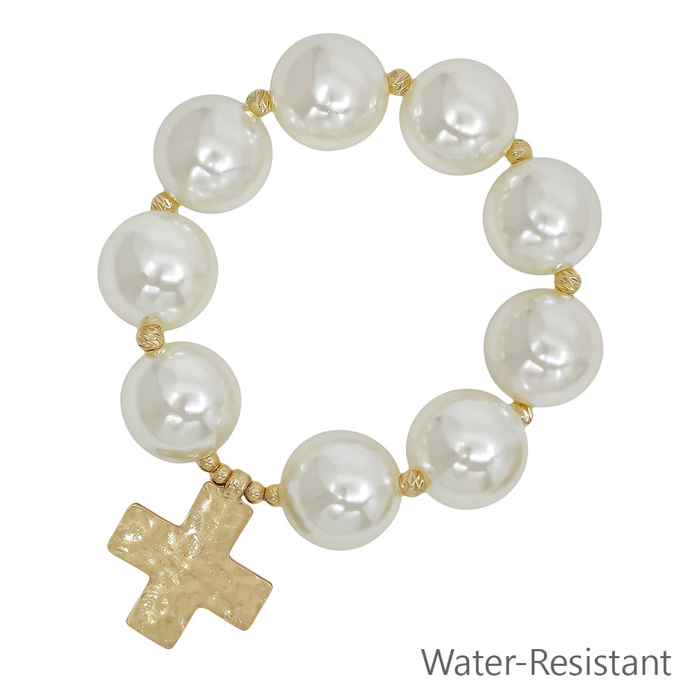 Water Resistant 20MM Pearl Beaded and Cross Stretch Bracelet Set