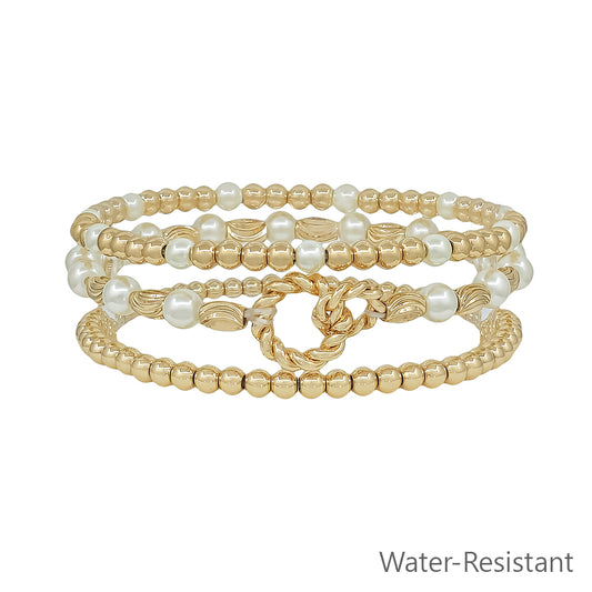 Water Resistant Set of 3 Gold Oval Beaded Link Bracelet
