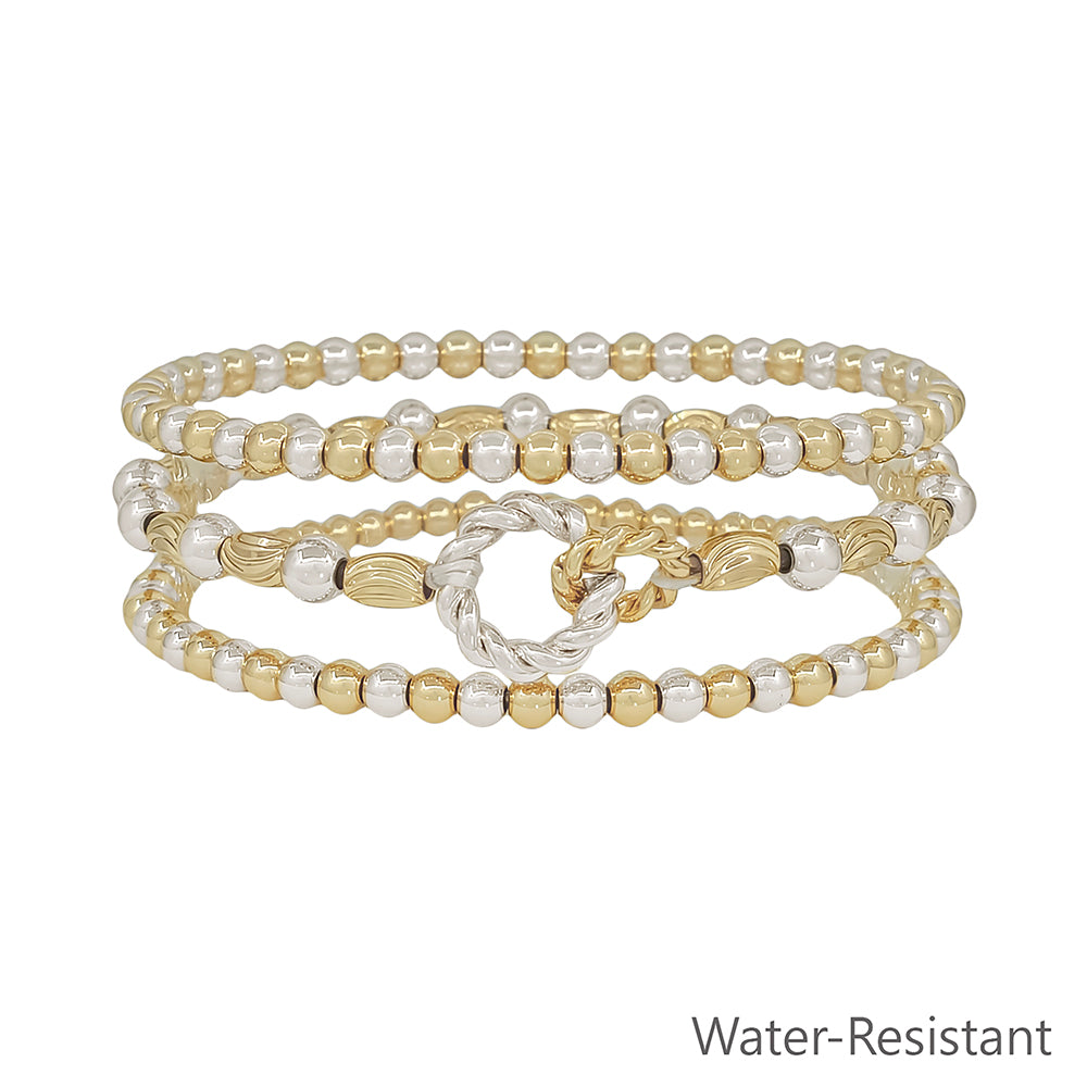 Water Resistant Set of 3 Gold and Silver Oval Beaded Link Bracelet