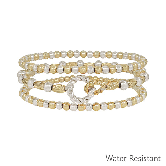 Water Resistant Set of 3 Gold and Silver Oval Beaded Link Bracelet