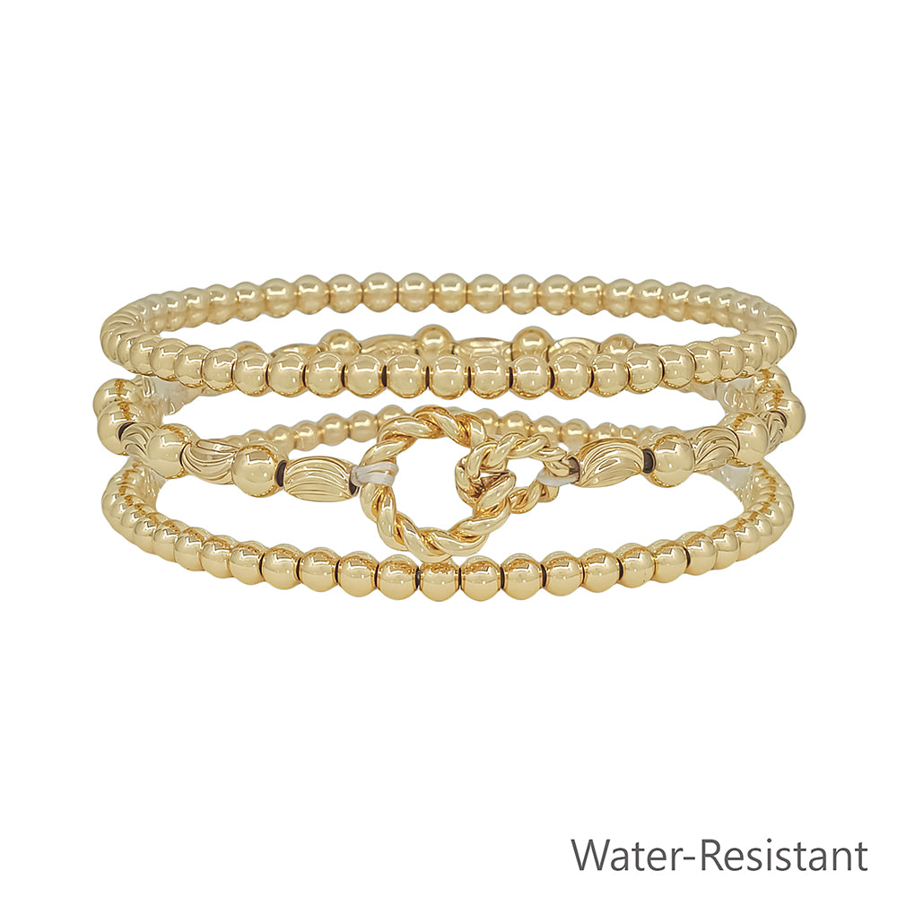 Water Resistant Set of 3 Gold Oval Beaded Link Bracelet
